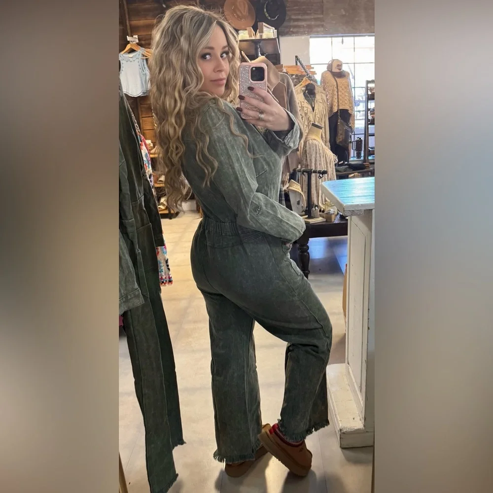 NWT UMGEE Washed Olive Denim Frayed Hem Button Down Utility Jumpsuit Coveralls - Picture 10 of 12